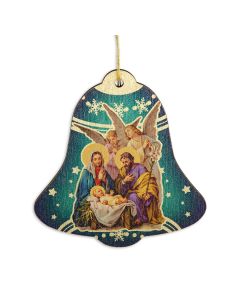 Wooden Christmas Blue Bell Ornament with Holy Family and Angels
