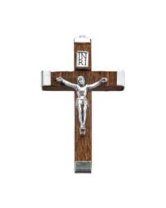 2" Brown Wood Metal Bound Crucifix with Antiqued Silver Corpus