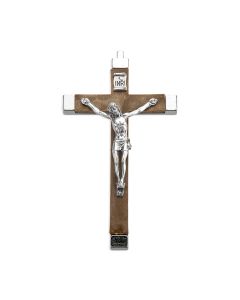 4 1/4" Brown Wood Nickel Bound Crucifix with Antiqued Silver Corpus