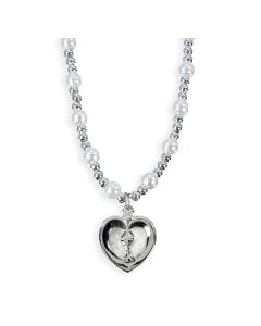 6mm White Pearl Bead Necklace with Silver Beads and a Silver Epoxied Heart with Chalice.-P65