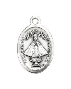1" Oval Antiqued Silver Oxidized Our Lady of San Juan Lagos and Sacred Heart of Jesus Medal