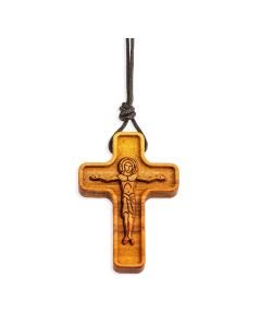 1" Olive Wood Cross with Laser Engraved Byzantine Corpus on a Brown Cord