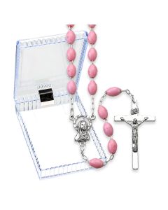 Pink Plastic Oval Bead Rosary, Boxed