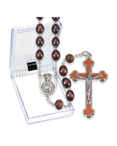 Brown Oval Wood Bead Rosary, Boxed