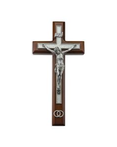 10" Walnut Wood and Pearlized Cross with a Fine Pewter Corpus and Wedding Rings