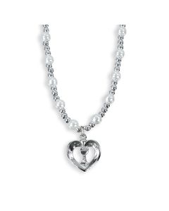 6mm White Pearl Bead Necklace with Silver Pierced Heart with Chalice.-P65