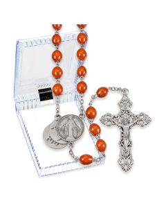 Brown Wood Bead Rosary with 20 Mysteries of the Rosary Centerpiece, Boxed
