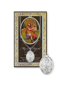 Saint David Genuine Pewter Medal on a 24" Chain with Biography and Picture Folder