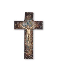 10" Brown Speckled Glass Cross with Museum Gold Tone Corpus-P65