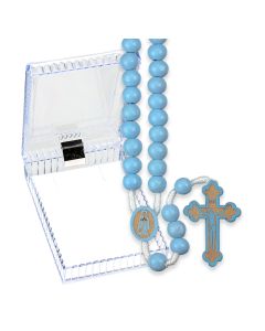 Blue Wood Bead Corded Rosary, Boxed-P65