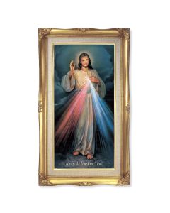14" x 24" Gold Leaf Wood Frame with Linen Border and a 10" x 20" Divine Mercy Print