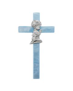  7" Blue Pearlized Cross with Genuine Pewter Praying Boy Figure. Boxed.