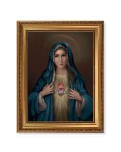 15 1/2" x 19 1/2" Antique Gold Leaf Beveled Frame with Bead Inlay and 12" x 16" Immaculate Heart of Mary Textured Art