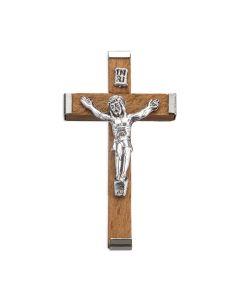 2 1/2" Brown Wood Metal Bound Crucifix with Antiqued Silver Corpus