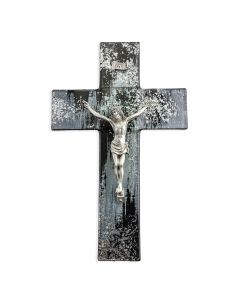 10" Black and Silver Shimmering Glass Cross with Fine Pewter Corpus-P65