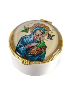 Porcelain Rosary Box with Our Lady of Perpetual Help Glass Cover 1 1/2" high x 2 3/8" diameter-P65
