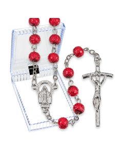 6mm Red Hammered Bead Rosary, Boxed-P65