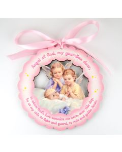 Twin Angels on Pink Cloud Hanging Crib Medal in Organza Bag