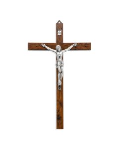 12" Burl Wood Crucifix with Metal Antiqued Silver Corpus