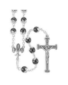 Tulip Capped Black Glass Bead Rosary, Boxed