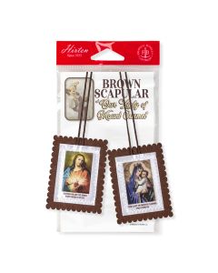 2 1/2" x 3 1/4" Sacred Heart and Our Lady of Mt. Carmel Brown Felt Scapular on Brown Cord 21"