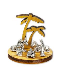 1 ½" Laser Cut Olive Wood Nativity with Palm Trees and Metal Figurines