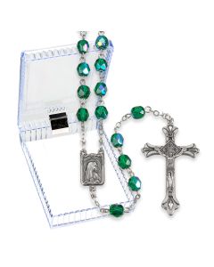 Emerald Glass Bead Rosary with Deluxe Center and Crucifix, Boxed