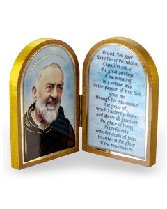 Padre Pio Standing Natural Wood Diptych