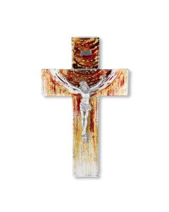 10" Earth Tone Speckled Sunset Glass Cross with Fine Pewter Corpus-P65