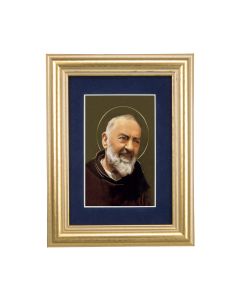 5 1/4" x 6 3/4" Gold Leaf Frame-Navy Blue Matte with a 2 1/2" x 3 3/4" Saint Pio Print