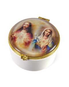 Porcelain Rosary Box with the Sacred Hearts Glass Cover 1 1/2" high x 2 3/8" diameter-P65