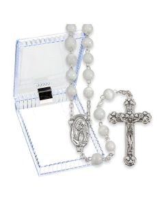White Cat's Eye Glass Bead Rosary, Boxed