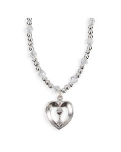 4mm Crystal Bead Necklace with Heart Shaped Outlined Chalice Pendant -P65