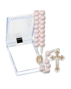 Pink Wood Bead Corded Rosary, Boxed-P65