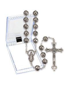 Rosebud Design Bead Silver Rosary, Boxed