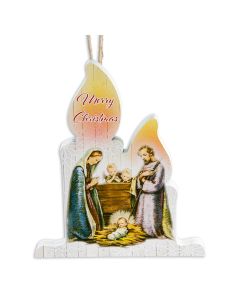Fine Art Wooden Christmas Candle Shaped Ornament with the Holy Family