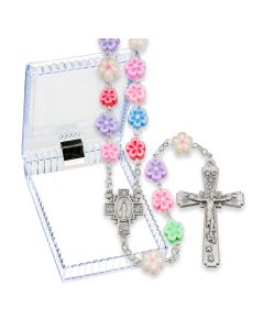 8mm Multicolored Round Floral Shaped Bead Rosary, Boxed-P65