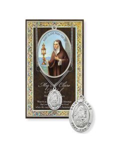 Saint Clare Genuine Pewter Medal on a 18" Chain with Biography and Picture Folder