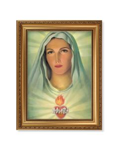 15 1/2" x 19 1/2" Antique Gold Leaf Beveled Frame with Bead Inlay and 12" x 16" Immaculate Heart of Mary Textured Art