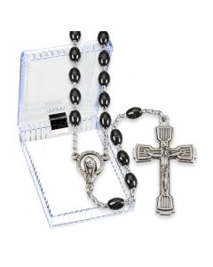 Black Plastic Oval Bead Rosary, Boxed