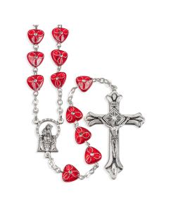 Ruby Etched Heart Shaped Bead Rosary