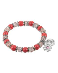 Coral and Crystal Blessed Beads Bracelet with Guardian Angel Medal