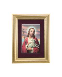 5 1/4" x 6 3/4" Gold Leaf Frame-Burgundy Matte with a 2 1/2" x 3 3/4" Good Shepherd Print