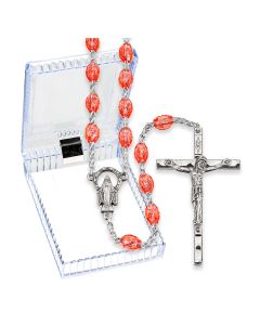 Pink Clear Oval Plastic Bead Rosary, Boxed