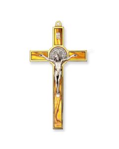 7" Saint Benedict Gold and Silver Finish Crucifix with Wood Inlay