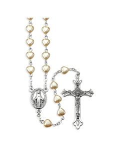 6mm Faux Pearl Heart Bead Rosary with Oxidized Crucifix and Miraculous Medal Centerpiece