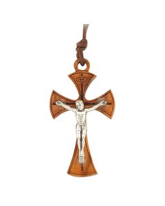 2 1/2" Olive Wood Crucifix with Antiqued Silver Corpus on 27" Cord