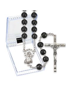 Black Carved Wood Bead Rosary, Boxed