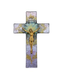 10" Purple and Gold Burst Glass Crucifix with Museum Gold Tone Corpus-P65