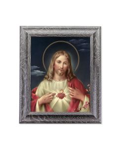 10 1/2" x 12 1/2" Grey Oak Finish Frame with an 8" x 10" Sacred Heart of Jesus Print